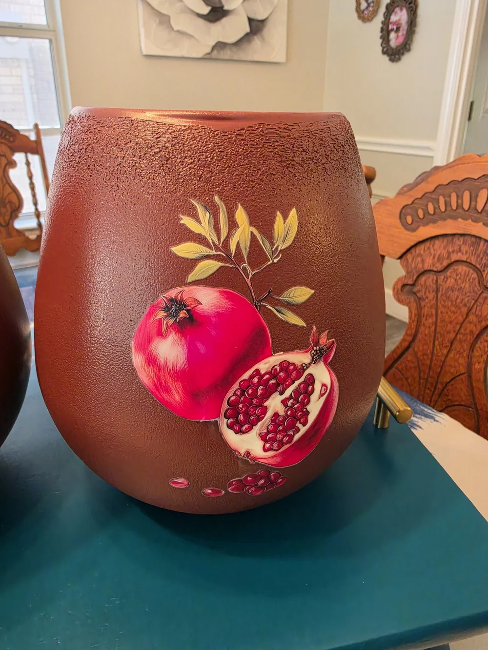 Pair of ceramic pomegranate decorative jars/vases Reddish-brown finish